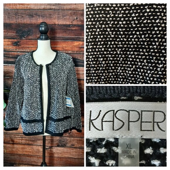 NWT Kasper XL Cardigan Sweater Jacket Blazer Knit Black Vanilla Ice Fringe - Picture 1 of 12